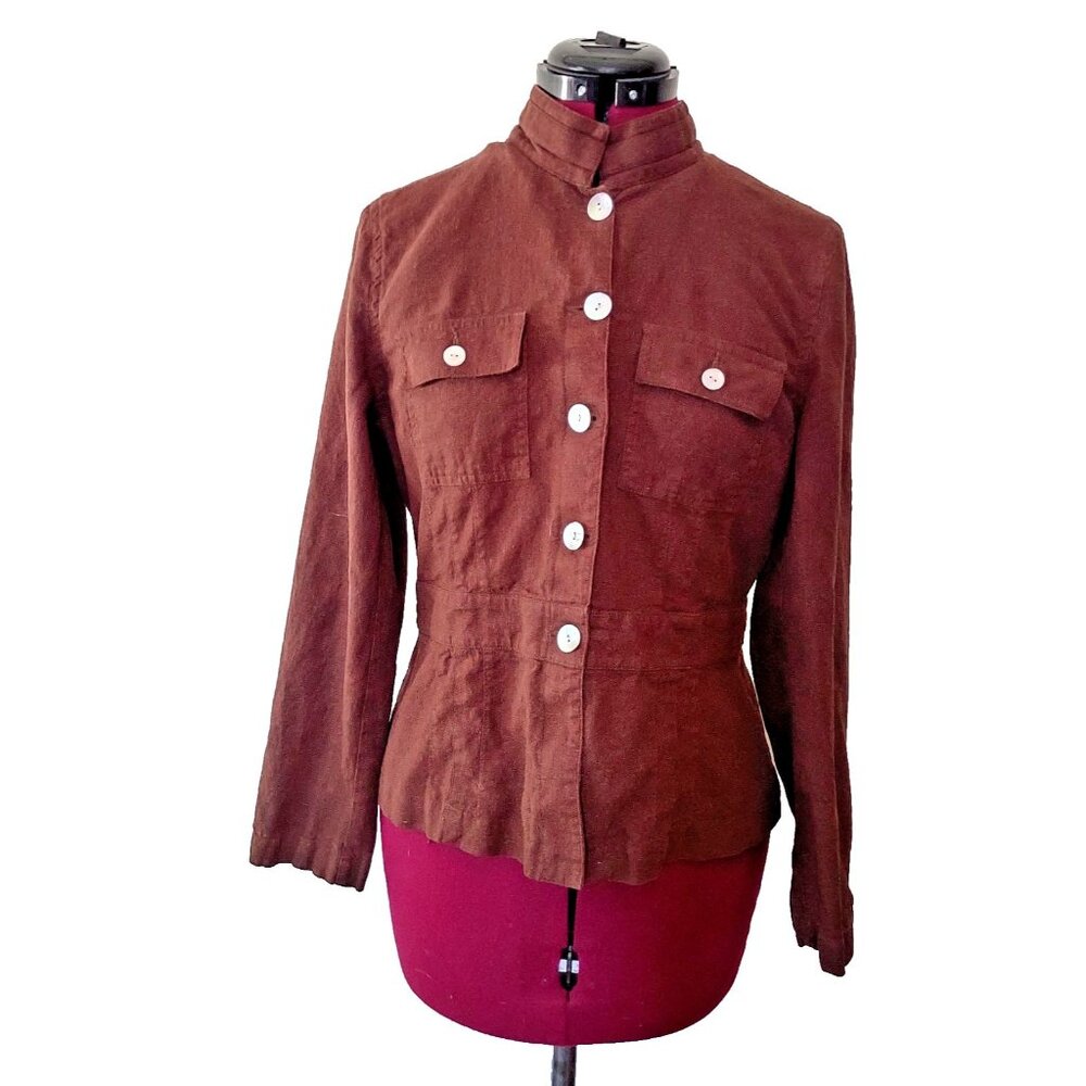 Van Heusen Women's Medium Brown Linen Blend Utility Jacket Pockets Safari M